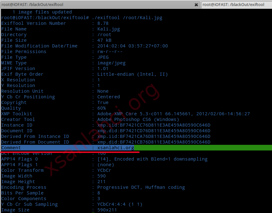 root@kali:~# exiftool -Comment=xsanlahci.org file.jpg