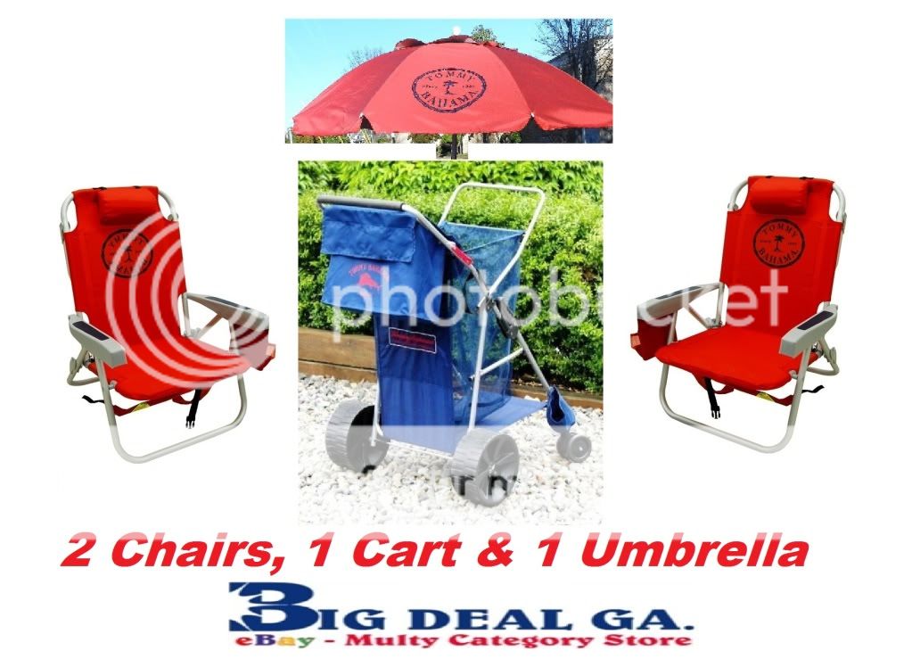 2 Tommy Bahama Backpack Cooler Beach Chairs Red 1 Cart 7' Umbrella